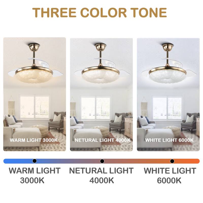 CurveCurio Galaxy-Vibe 42" Retractable Ceiling Fan with Matte Gold Finish & LED Lights – 3 Color Tones, Remote Controlled
