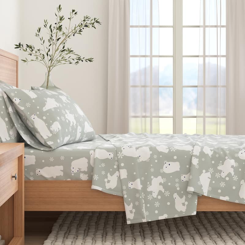 Linery & Co. Ultra-Soft Turkish Cotton Flannel Christmas Print Sheet Set - California King - Grey Polar Bears