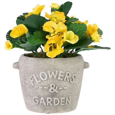 7" Yellow Pansy Artificial Floral Arrangement In "Flowers Garden" Pot