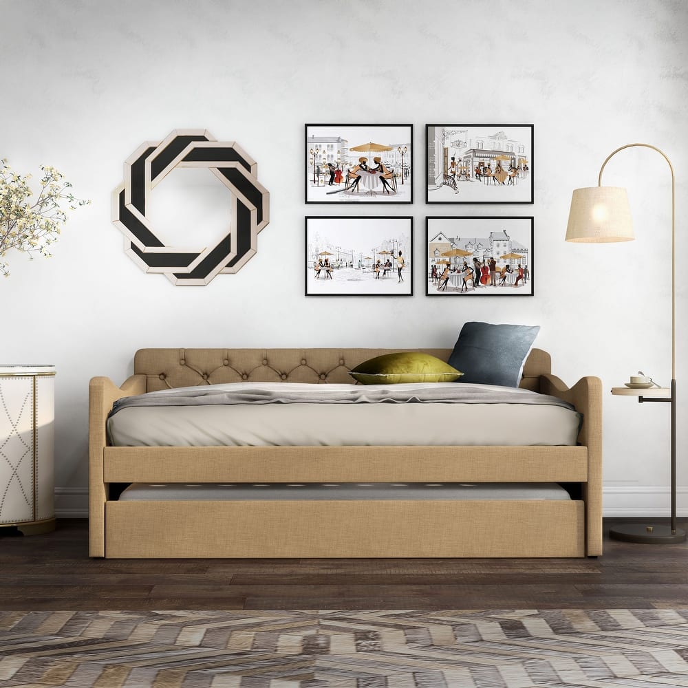 Exodel Contemporary Twin Upholstered Tufted Day Bed with Trundle by Furniture of America