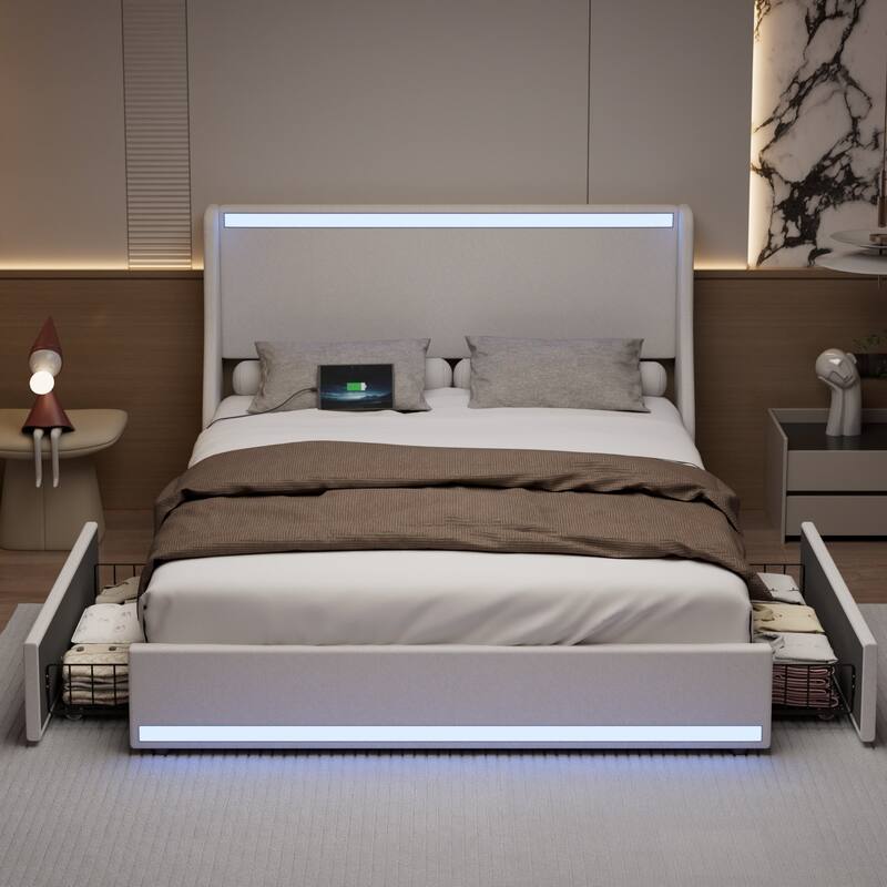 Javlergo Bed Frame with LED Lights and Charging Station Linen Fabric Bed with Drawers Wooden Slats