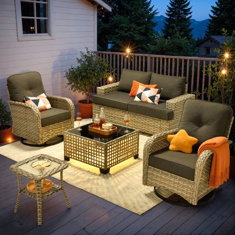 OVIOS 6 Pieces Wide Arm T shaped Seat Curved Swivel Chair Set With Solar-Powered Table - Black