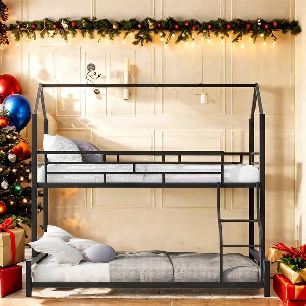 slide 2 of 12, Twin Over Full Metal Iron Loft Bed With Stairs And Roof Shape Frame, Children'S Bunk Bed, Detachable Into Two Beds Black