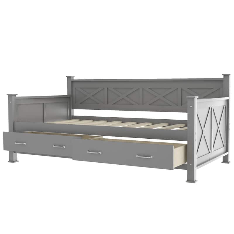 Modern Pine Wood Twin Size Daybed w/2 Drawers, X-shaped Bed Frame Low-Profile Platform Bed for Bedroom/Apartment