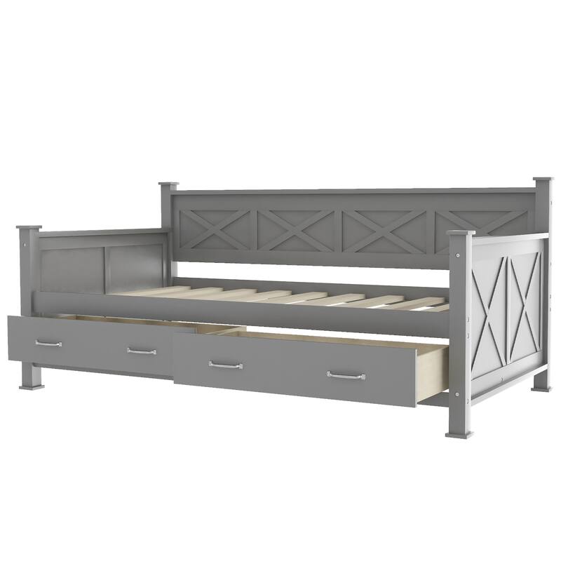 Twin Size Wooden Modern and Rustic Casual Style Daybed with 2 Storage Drawers & Headboard