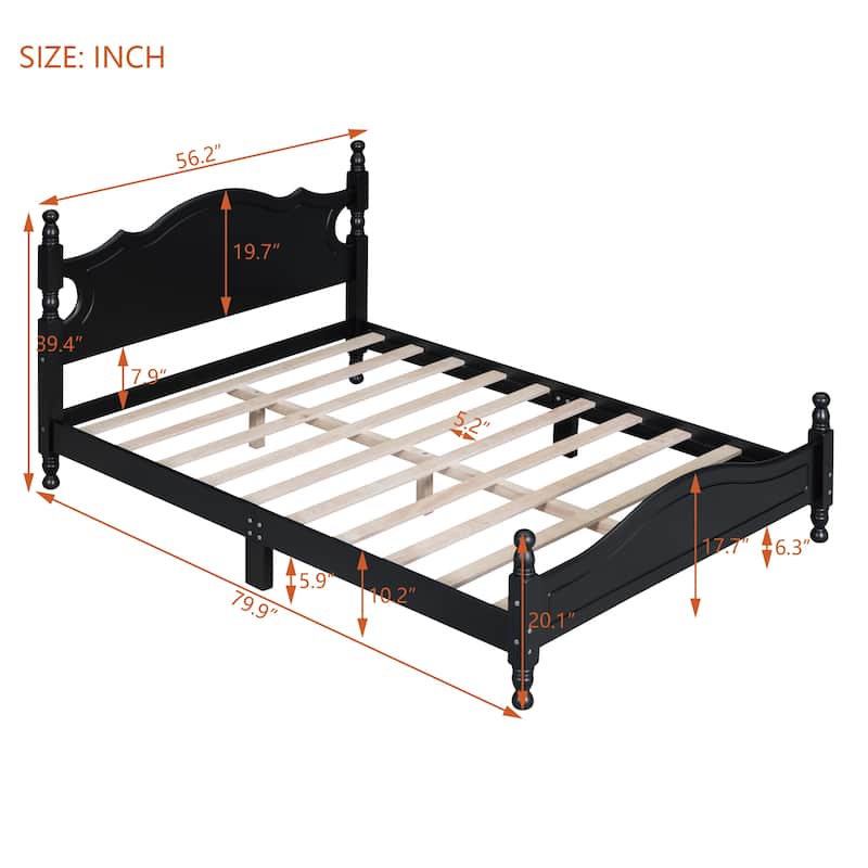 Full Size Retro Wood Platform Bed Frame with Wooden Slat Support, Black
