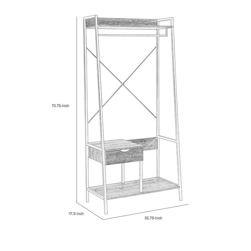Bery 71 Inch Clothing Rack, 1 Drawer, Hanging Rod, Open Shelf, Brown, Black