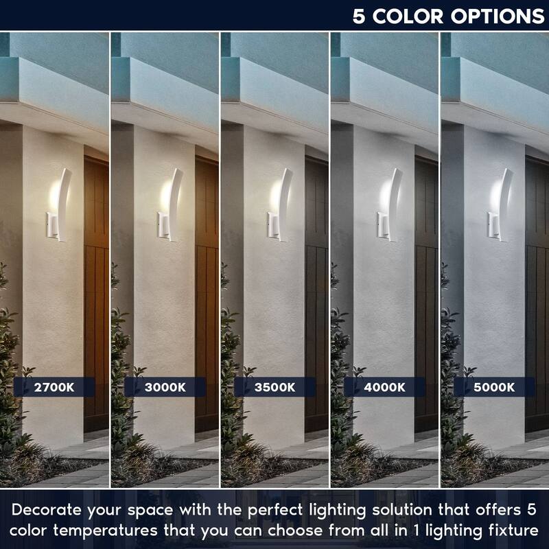 LUXRITE 15-Inch LED Curved Outdoor Wall Sconce, 5CCT, 1000LM, 15W, IP65, Dimmable, Exterior Light Fixture White 2 Pack