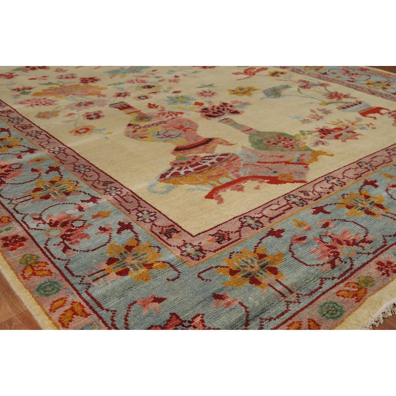Pictorial Art Deco Indian Area Rug Handmade Wool Carpet - 8'1" x 10'1" - 8'1" x 10'1" - Yellow