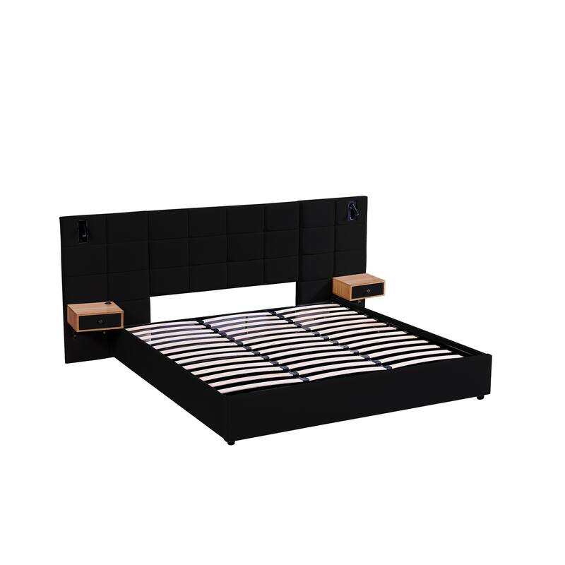 Hydraulic Lift Up Storage Bed Frame, King Size Upholstered Wingback Platform Bed, 2 Side Shelves, 2 Reading Lamps and USB Ports