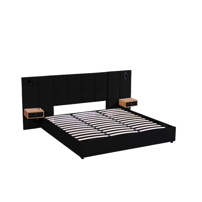 King Size Storage Velvet Upholstered Hydraulic Platform Bed with 2 Shelves, 2 Reading Lamps and USB Port