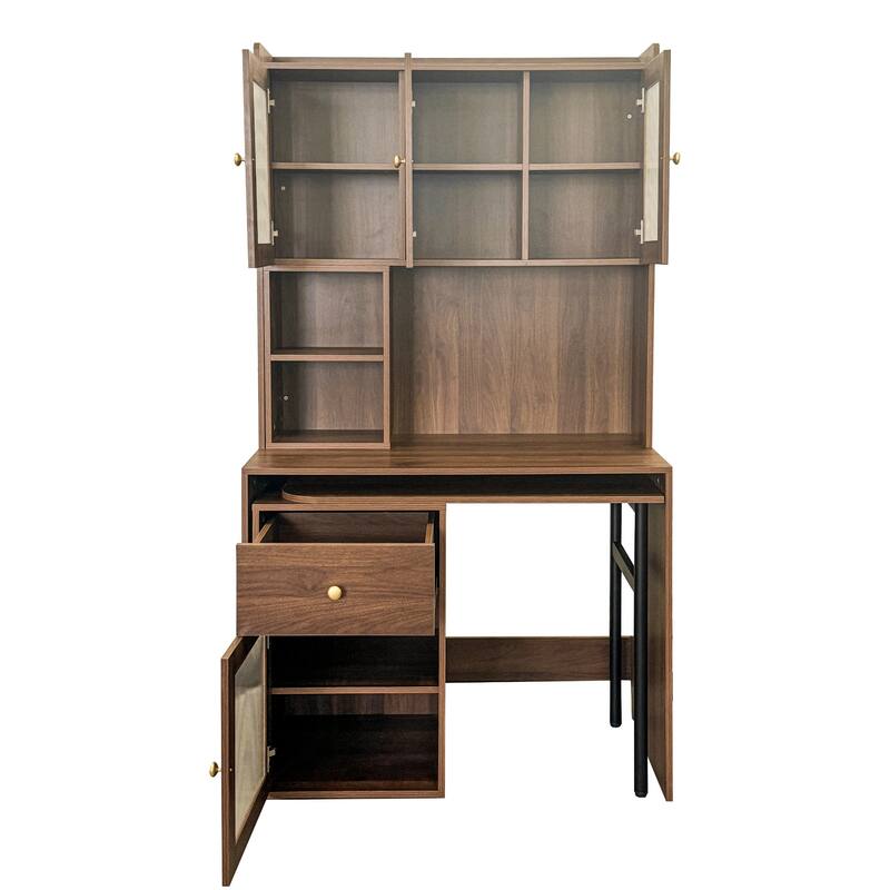 Computer Desk with glass door for Home Office or Study desk, Bookshelf & Hutch, Computer Desk with 90 Degree Rotating Desktop