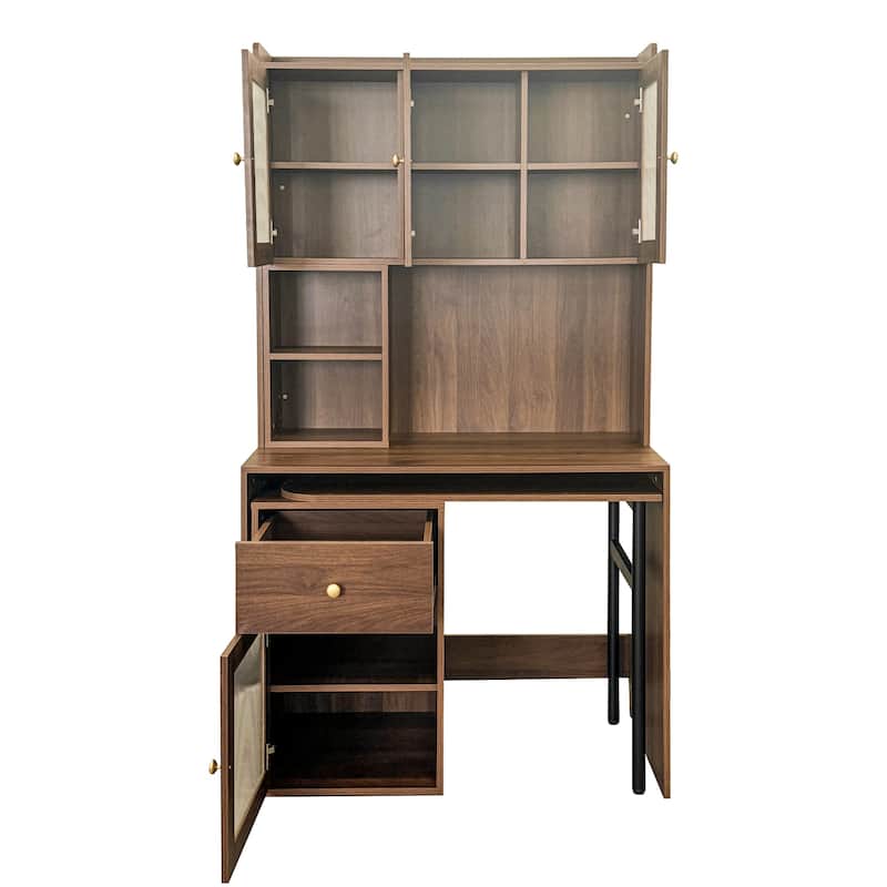 Rotating Computer Desk with Extendable Desktop, Modern Study Writing Desk with Glass Doors, Hutch & Bookshelf for Home Office