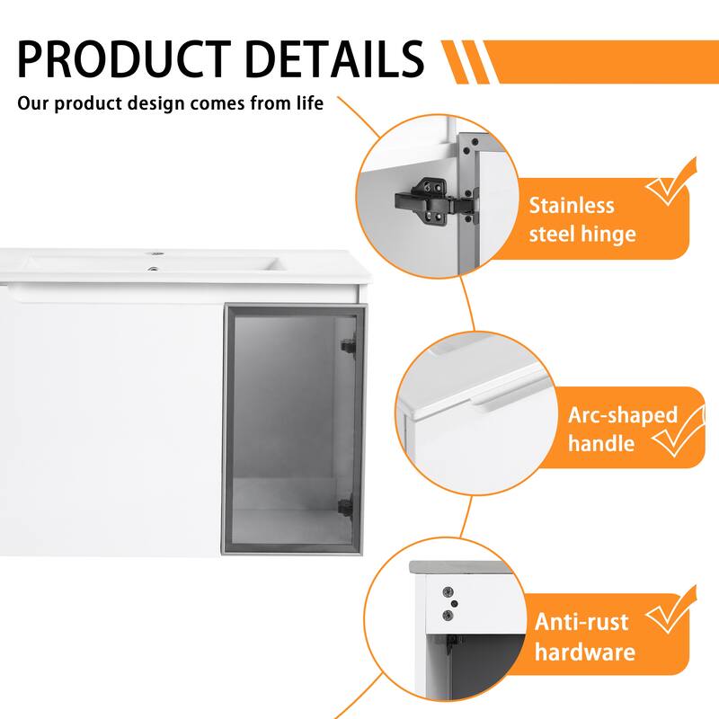 Bathroom Vanity With Sink In 24/30/36 Inch, Floating Bathroom Vanity With Soft Close Door