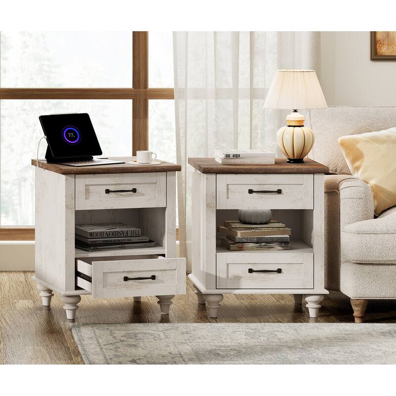 Farmhouse Nightstand Bedside Table, Wood 2-Drawer Side Table