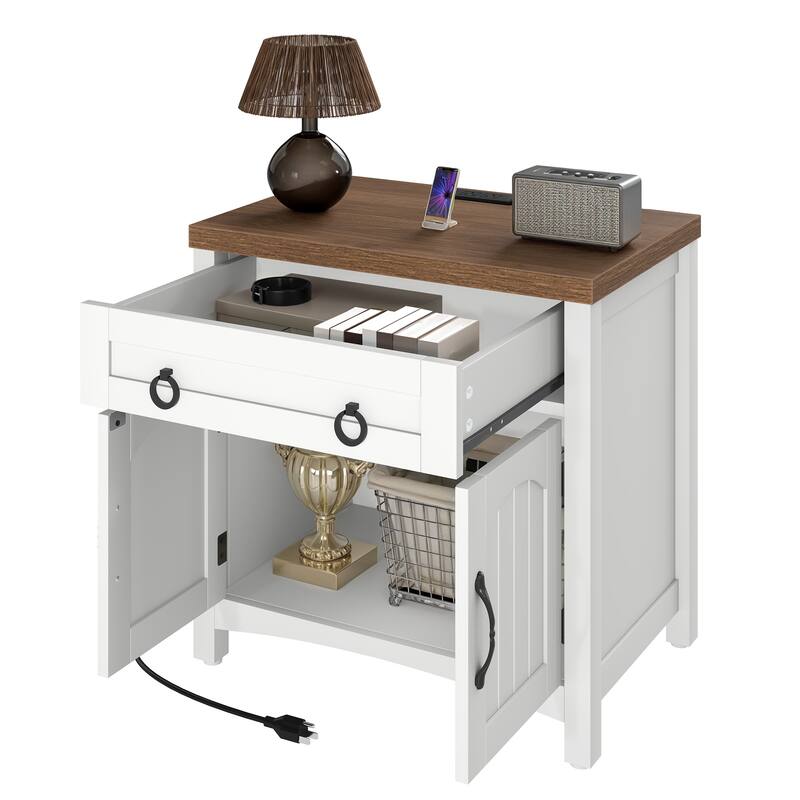 Moasis Farmhouse Nightstand with Charging Station,End Table with 2-Door Cabinet