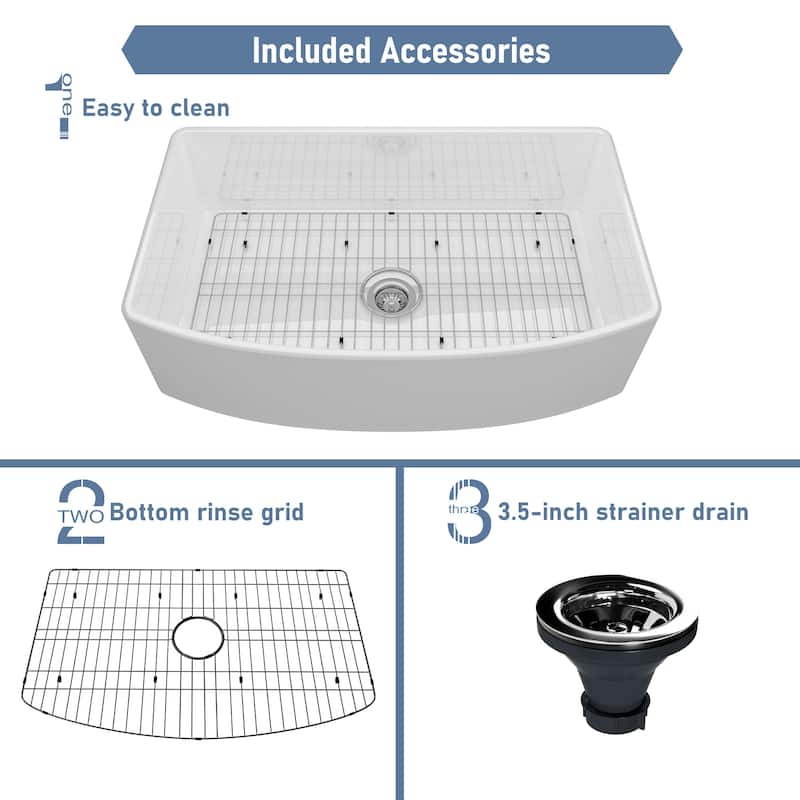 All-in-One Fireclay Curved Design Single Bowl Farmhouse/Apron-Front Kitchen Sink with Pull Down Kitchen Faucet and Accessories