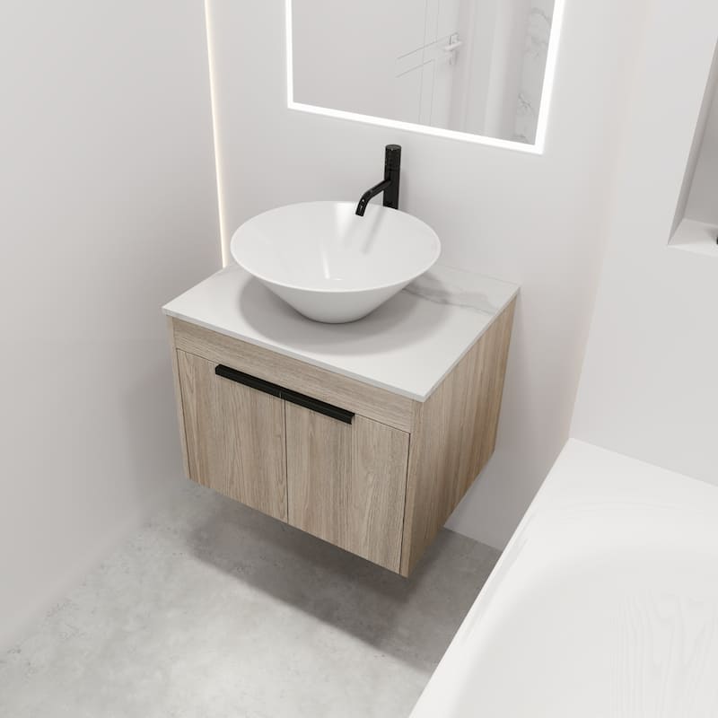 Wall-Mounted Bathroom Vanity in White Oak with White Ceramic Vessel ...