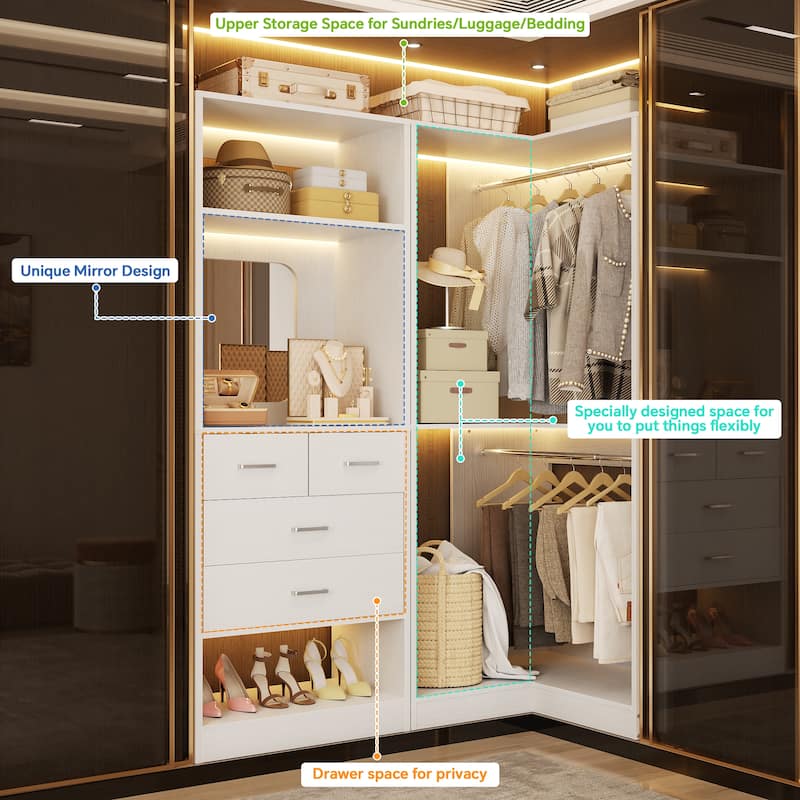 Cimly Set of 2 Corner Closet System WITH Drawers, Freestanding Closet Organizer with Hanging Rods and Shelves