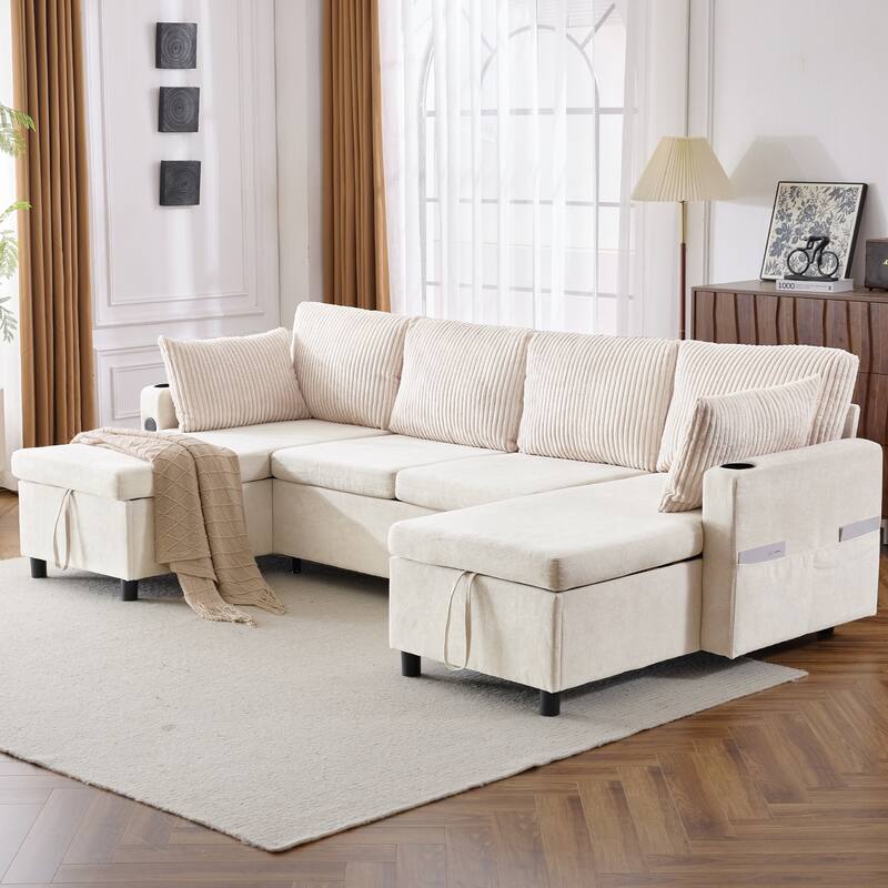 Chenille Sectional Sofa Convertible Sleeper Sofa, U Shaped Couch Sofa with 2 Storage Chaise Lounges and 2 Pillows