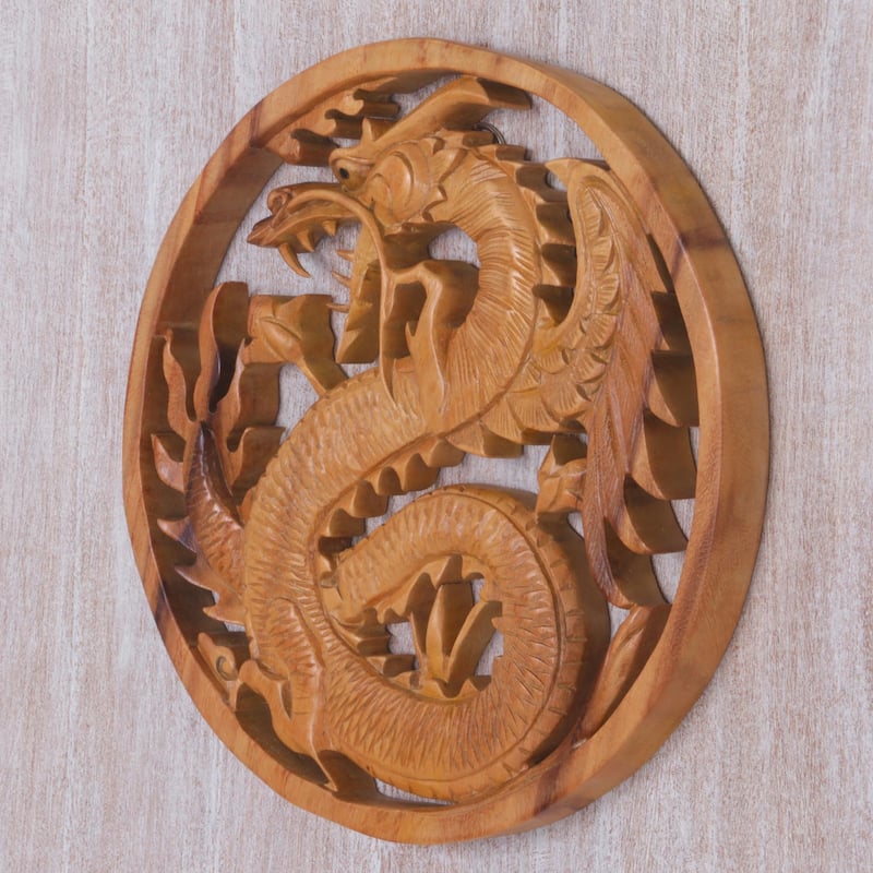 Novica Handmade Enraged Dragon Wood Relief Panel