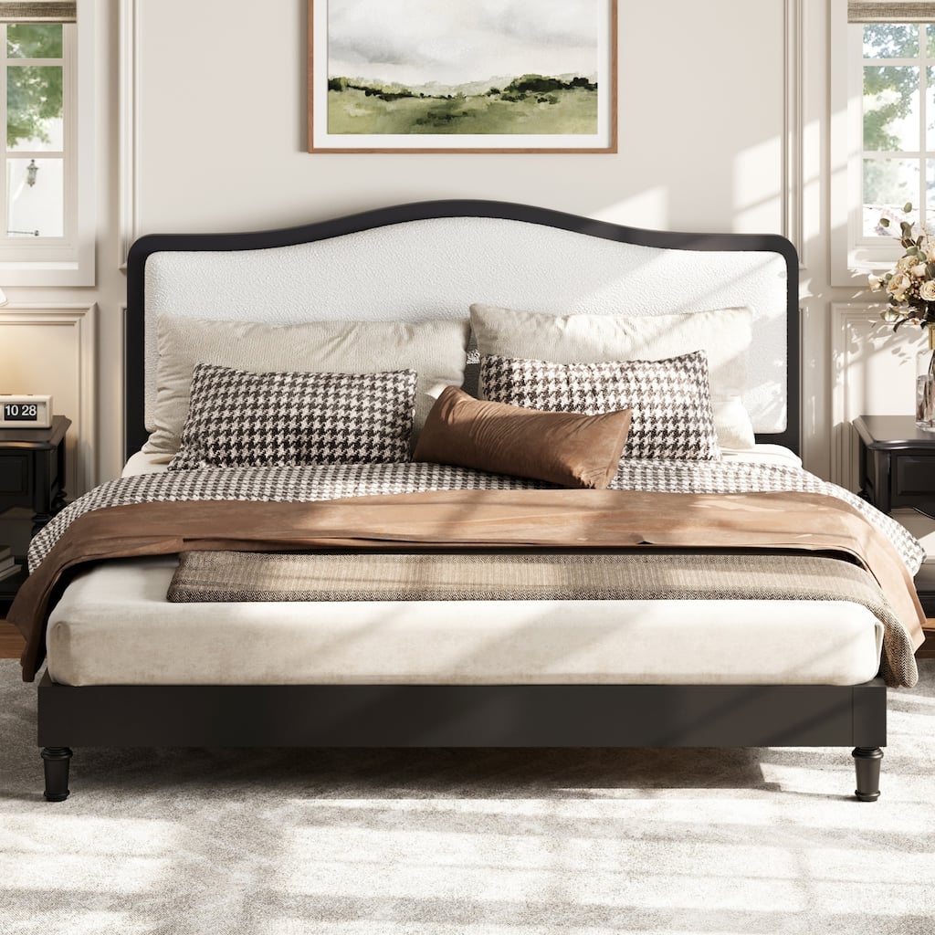 Roomfitters Queen Size Upholstered Platform Bed Frame, Curved Camelback Wooden Headboard for Master Bedroom