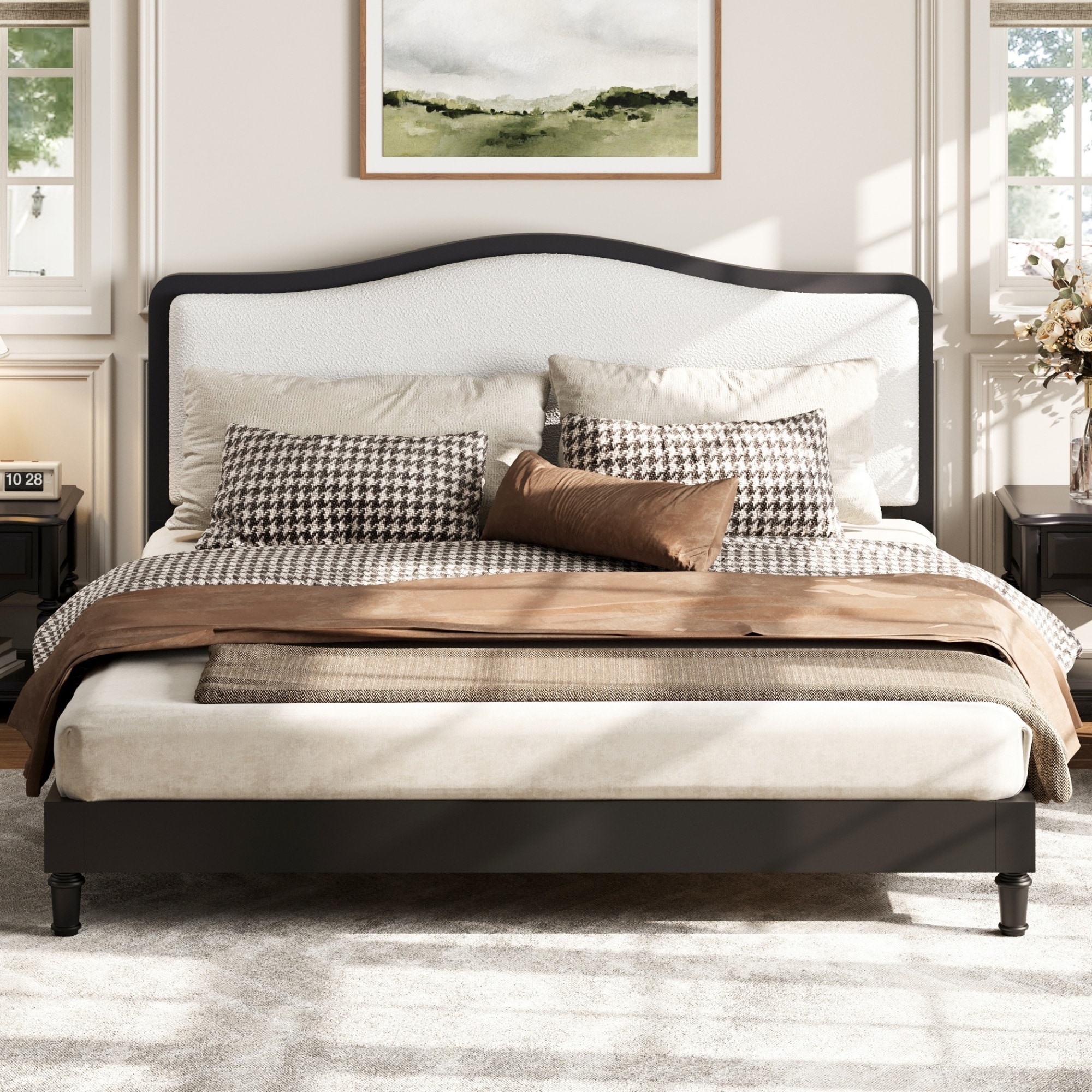 Roomfitters Queen Size Upholstered Platform Bed Frame, Curved Camelback Wooden Headboard for Master Bedroom