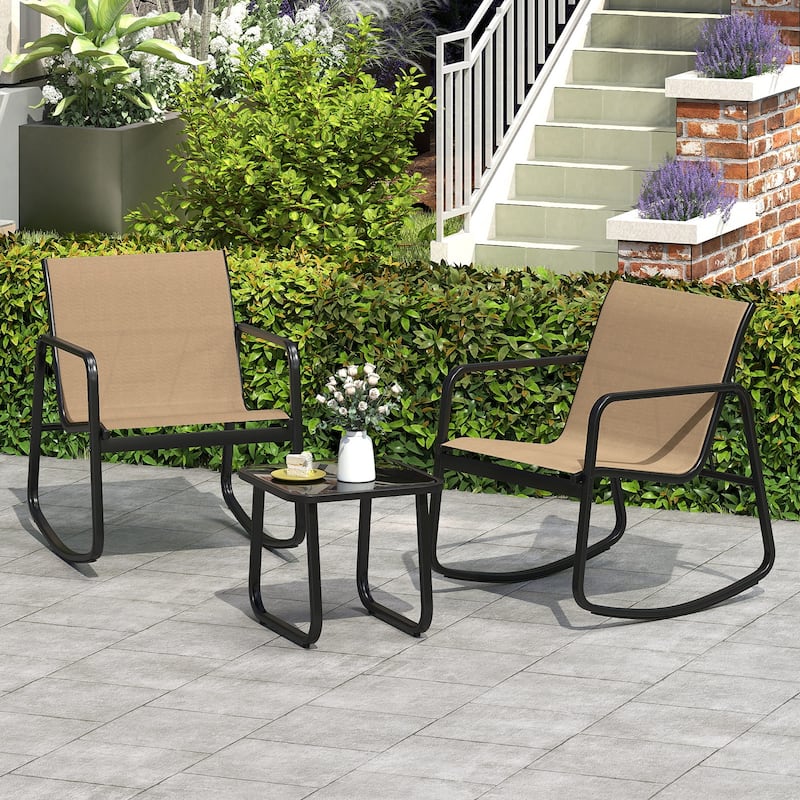Gymax Set of 3 Patio Rocking Set 2 Rocking Bistro Chairs & Glass-Top