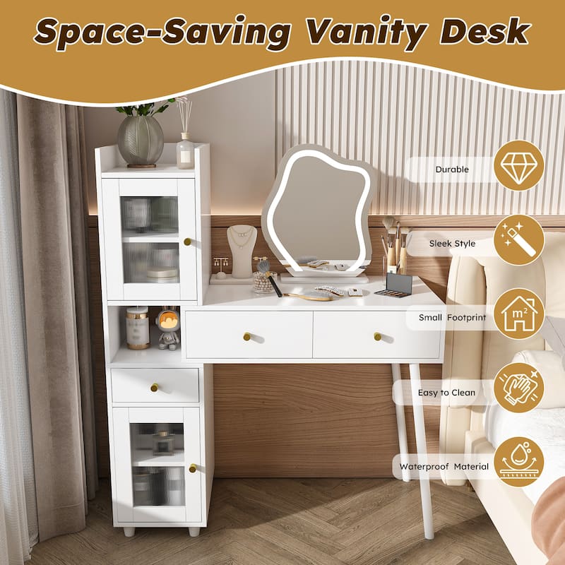 Vanity Dressing Table With Led Mirror & Storage-White Makeup Desk Features 3 Drawers,2open Shelves&4 Hidden Cabinets