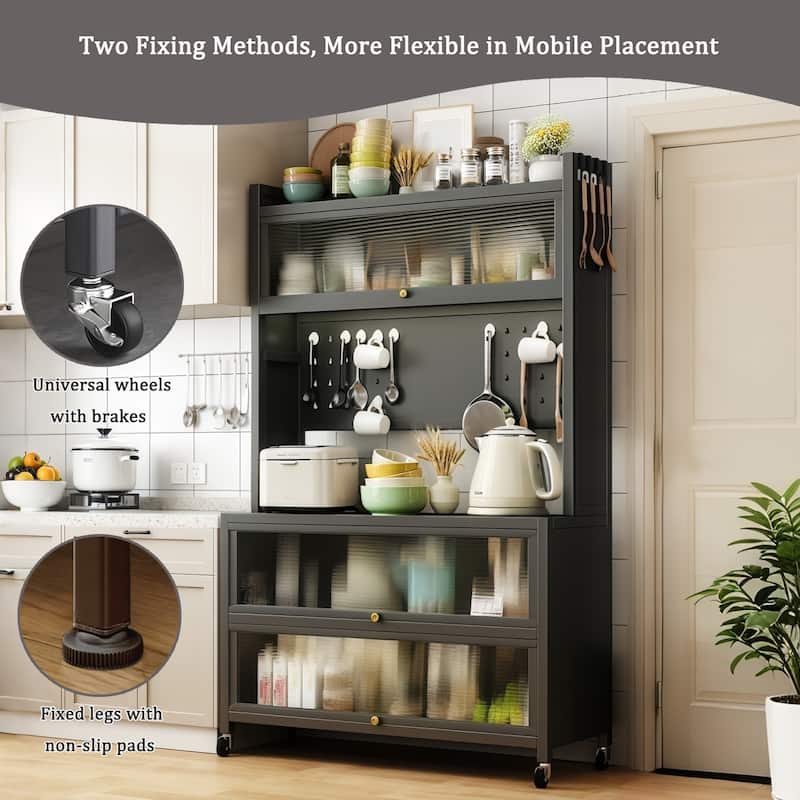 64" H Kitchen Pantry Cart with Storage Cabinet and Bakers Rack for Kitchen