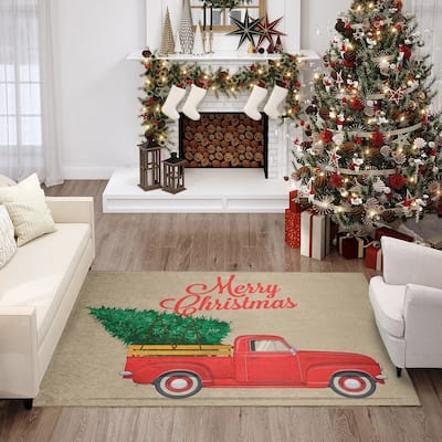 Indoor/ Outdoor Cozy Winter Red Washable Christmas Truck Rug