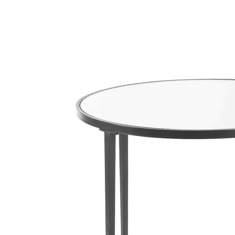 Lify Side End Table, 24 Inch Round Mirrored Top, Open Shelf, Black