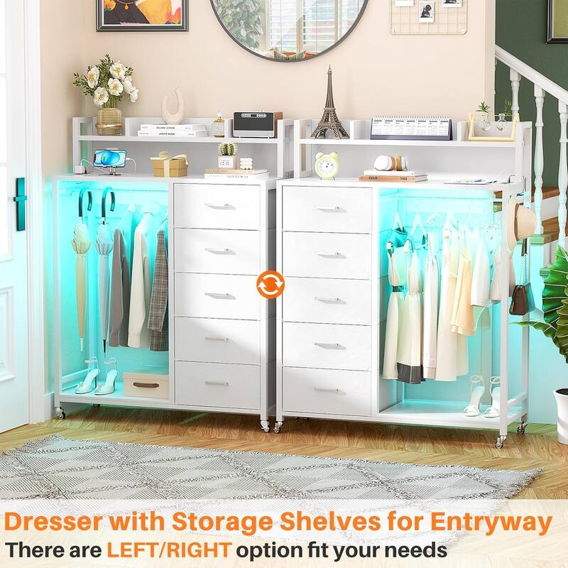 5 Drawers Dresser with Charging Station & LED Lights, Chest of Drawers with Hanging Rod ＆ Lockable Wheels ＆ Storage Shelves