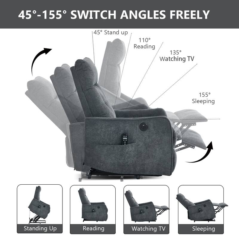 Chenille Power Lift Recliner Chair, Single Motor Heavy Duty Recliner Chair with Massage & Heat, Lounge Sofa Chair with USB Port