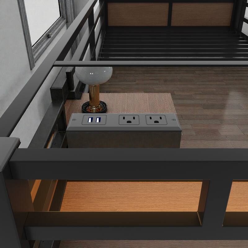 Twin/Full Metal Bunk Bed with Storage Shelves, Drawers, LED Light Strip, USB Power Outlet & Sturdy Guardrail Design