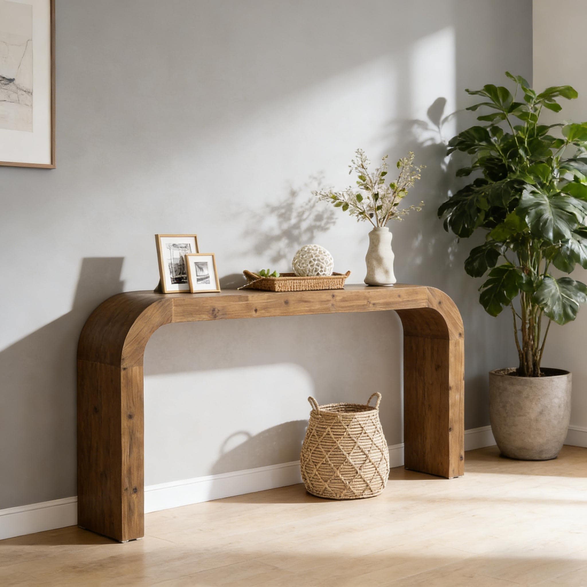 Farmhouse Wood Sofa Table, Narrow Side Table, Curved Design Coffee Table