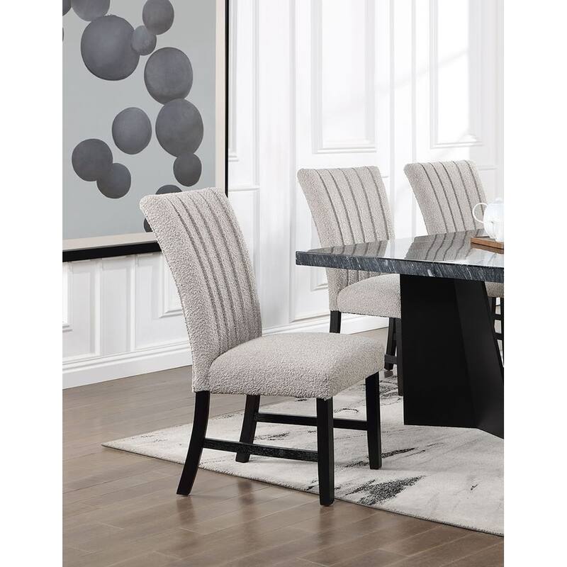 Classic Parson Chair Gray Boucle Fabric 2pc Dining Side Chairs Nalihead Trim Black Solid wood Legs Dining Room Furniture