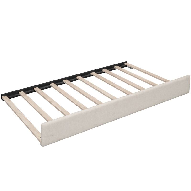 Full Size Upholstered Platform Bed with USB & Twin Size Trundle, Beige