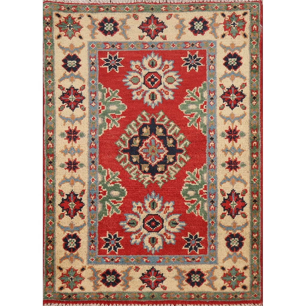 Red Kazak Oriental Foyer Rug Hand-Knotted Traditional Wool Carpet - 2'0" x 3'0"