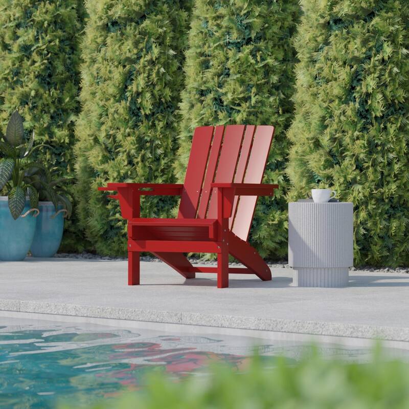 Set of 2 Commercial All-Weather Adirondack Chairs with Cupholders
