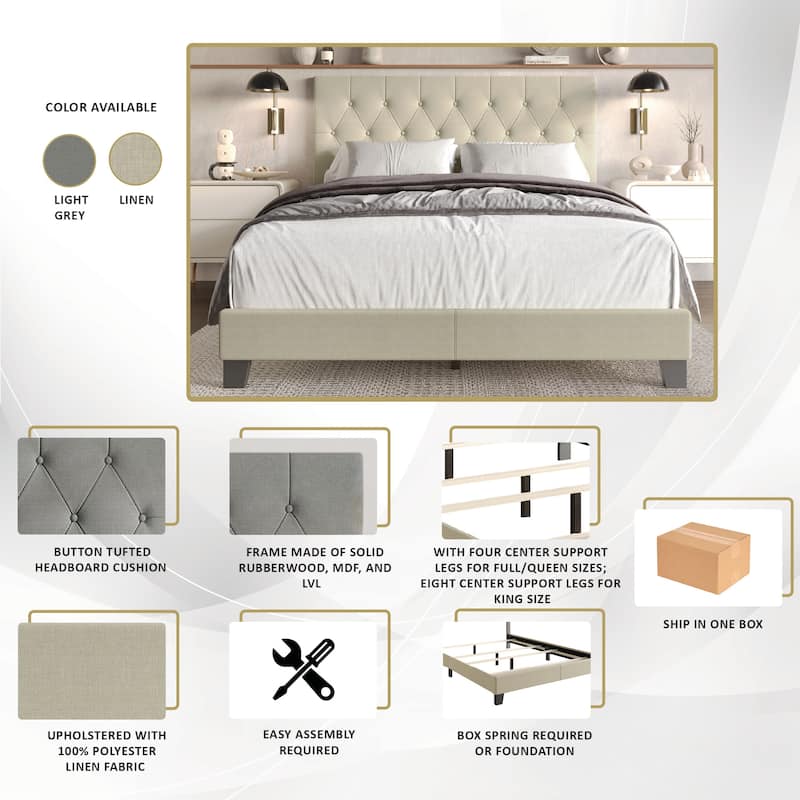CraftPorch Simple Button Tufted Linen Upholstered Bed