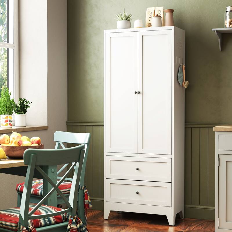 72 Inch Pantry Cabinet with 2 Drawers, Freestanding Kitchen Storage Cabinet with Adjustable Shelves, Heavy-Duty Organizer - White