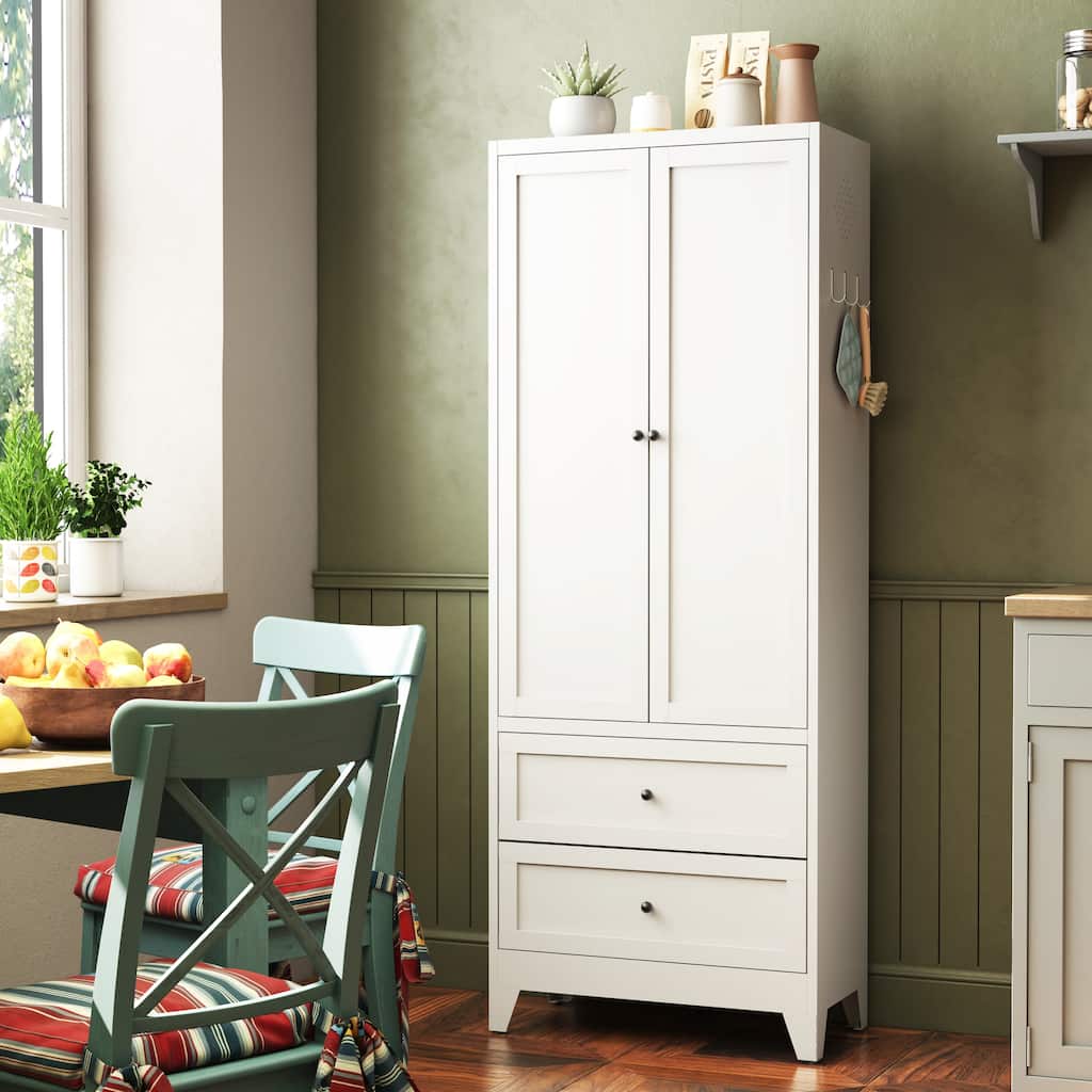 72 Inch White Pantry Cabinet with 2 Drawers, Freestanding Kitchen Storage Cabinet with Adjustable Shelves