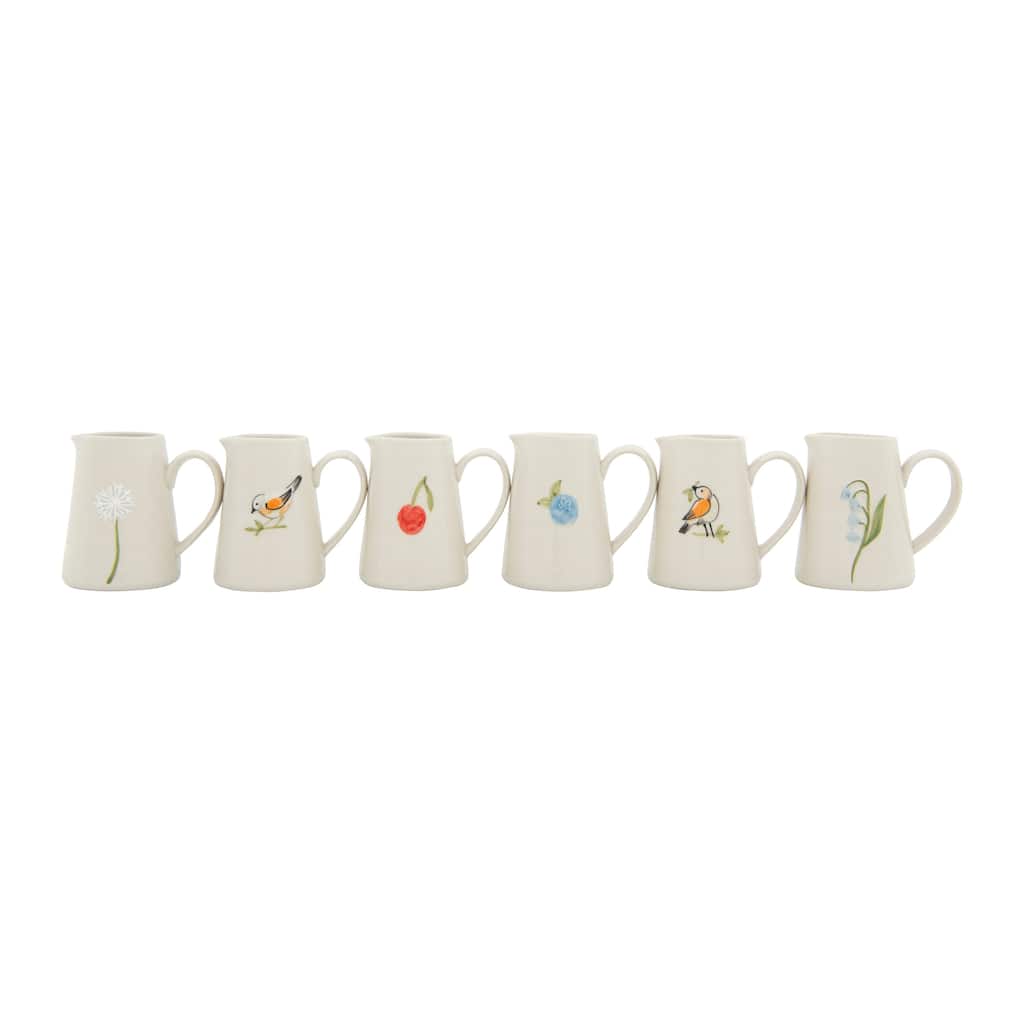 White Stoneware Creamer with Hand-Painted & Embossed Birds (Set of 6 Designs)