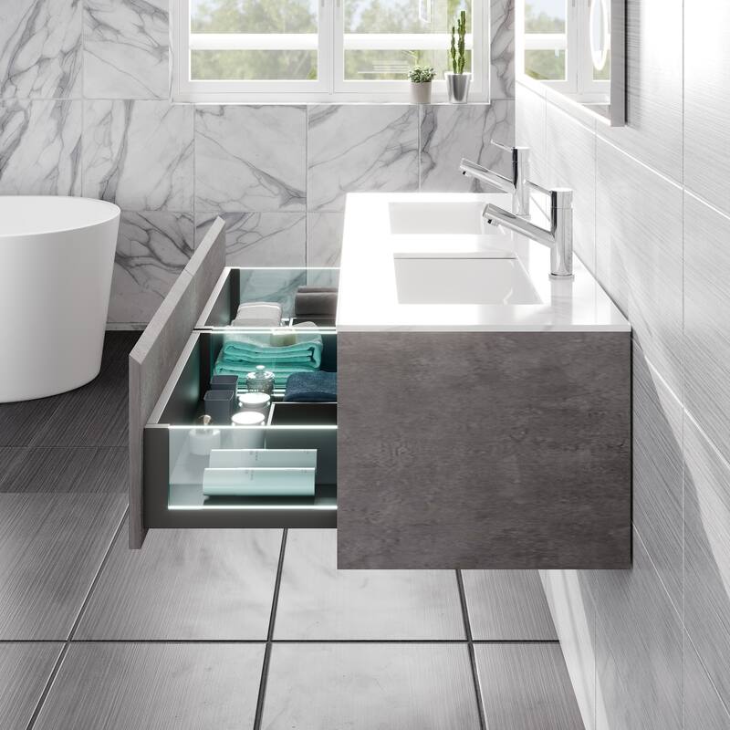 Aurora 36 in. Concrete Gray Wall Mount Single Sink Bath Vanity with Carrara Quartz Top and Undermount Porcelain Sink