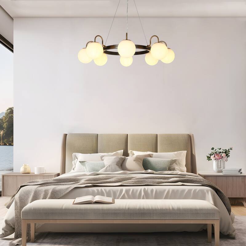 Aladari Mid-Century Modern 8-Light Wheel Chandelier Opal Orb Glass Lights - Black&Brass - 34.2"D*68"H