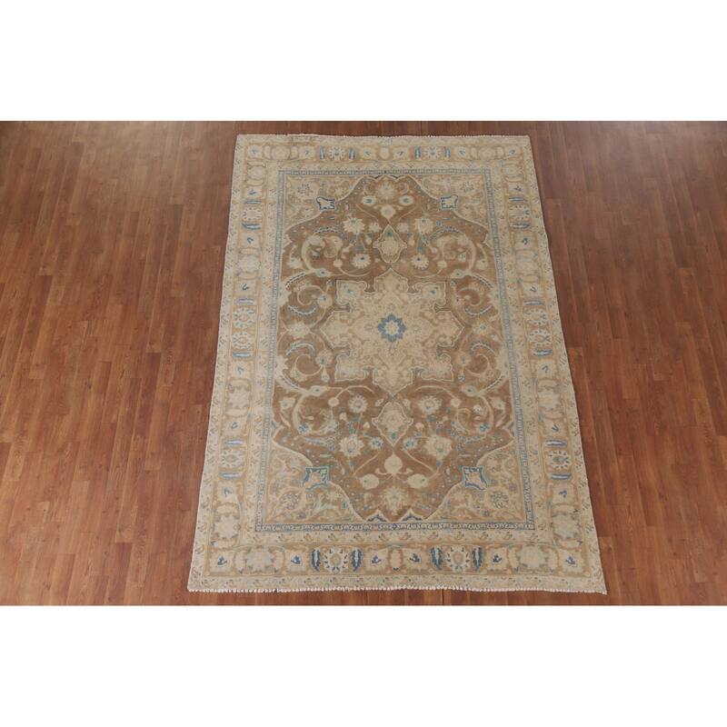 Hand Knotted Oriental 100% Wool Carpet Traditional Floral Brown Mashad Area Rug - 9' 0'' X 6' 0''