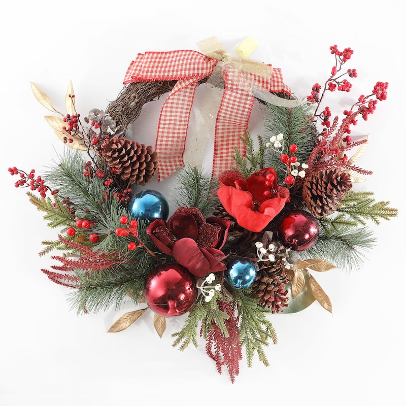 SAFAVIEH Ellyn Faux 28 Inch Magnolia Oval Wreath with Ornaments & Bow - Multi - 28" W x 21" D x 7" H - 28Wx21Dx7H