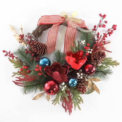 SAFAVIEH Ellyn Faux 28 Inch Magnolia Oval Wreath with Ornaments & Bow - Multi - 28" W x 21" D x 7" H - 28Wx21Dx7H