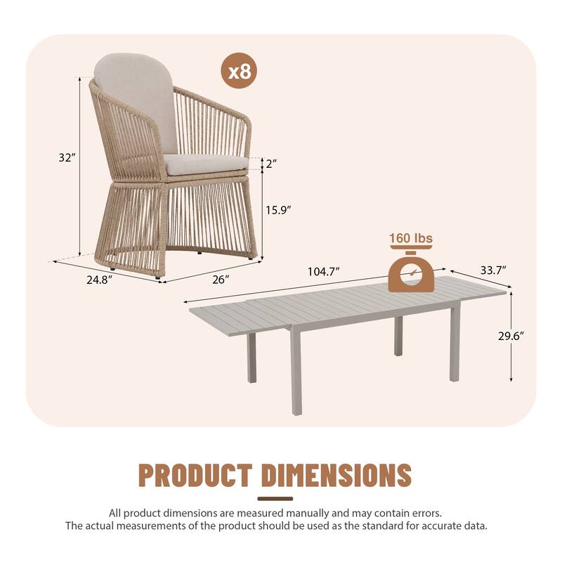 9-Piece Outdoor Extendable Dining Set with Aluminum Table & Rattan Chairs